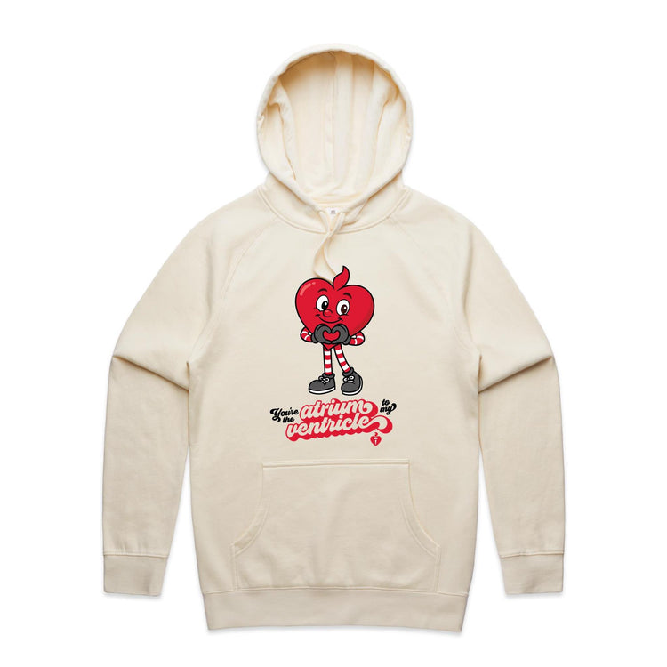 Ecru hoodie with a cartoon heart design and text on a plain white background