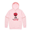 Pale pink hoodie with a cartoon heart design and text on a plain white background