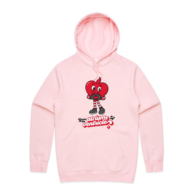 Pale pink hoodie with a cartoon heart design and text on a plain white background
