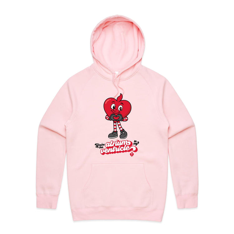 Pale pink hoodie with a cartoon heart design and text on a plain white background