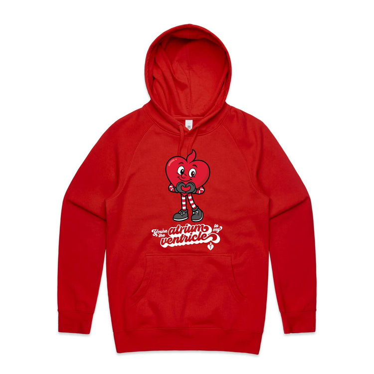 Red hoodie with a cartoon heart design and text on a plain white background