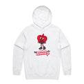 White hoodie with a cartoon heart design and text on a plain white background