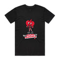 Black t-shirt with a red cartoon character and text on a white background