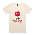 Cream t-shirt with a red cartoon character and text on a white background