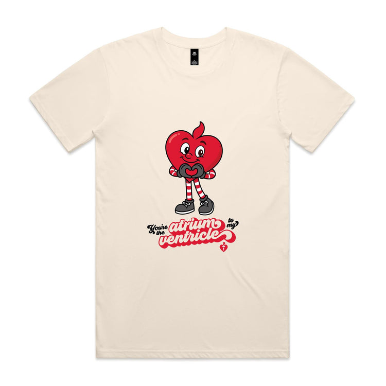Cream t-shirt with a red cartoon character and text on a white background