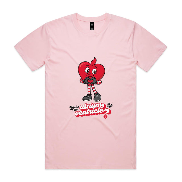 Pale pink t-shirt with a red cartoon character and text on a white background