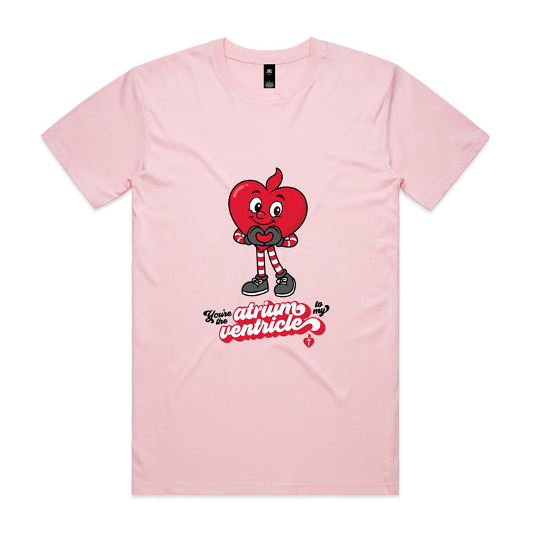 Pale pink t-shirt with a red cartoon character and text on a white background