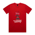 Red t-shirt with a red cartoon character and text on a white background