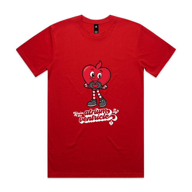 Red t-shirt with a red cartoon character and text on a white background