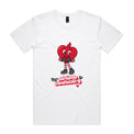 White t-shirt with a red cartoon character and text on a white background