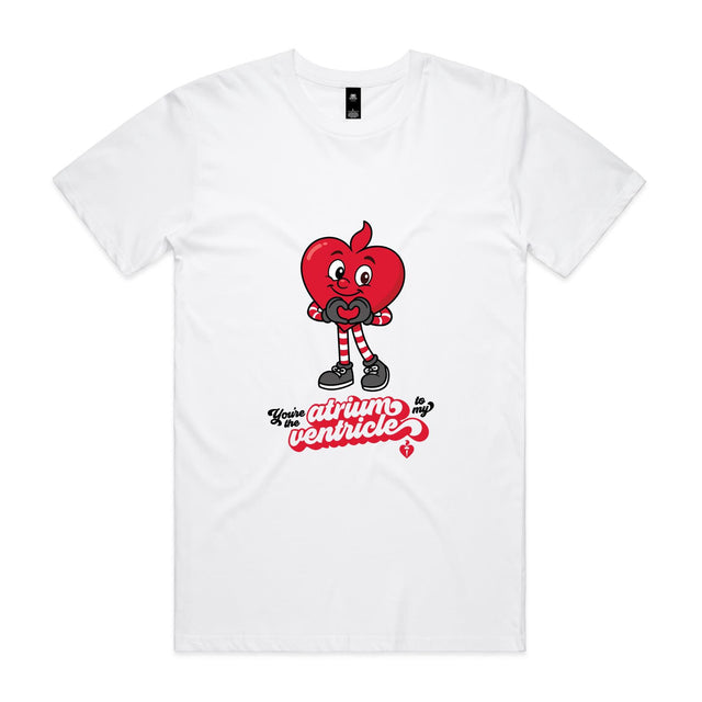 White t-shirt with a red cartoon character and text on a white background
