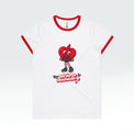 White t-shirt with a red cartoon character and text on a white background