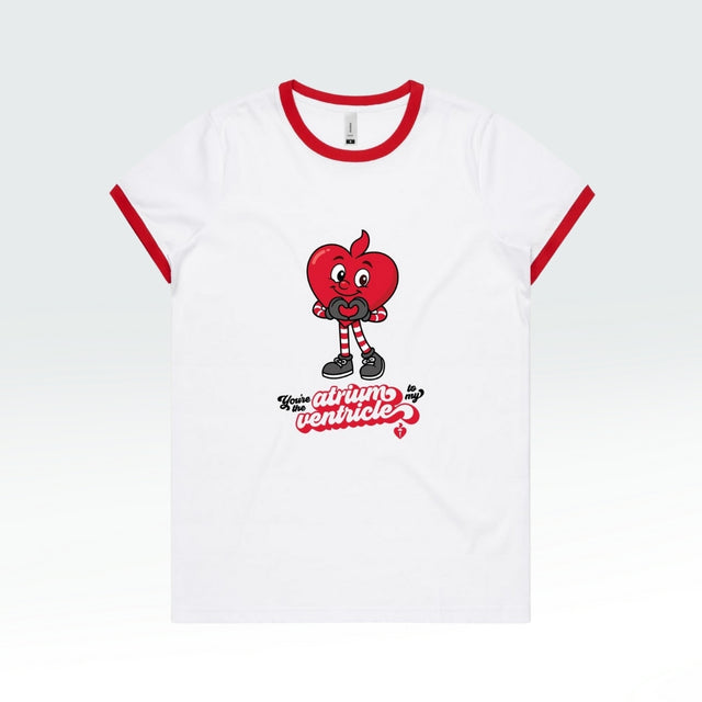 White t-shirt with a red cartoon character and text on a white background
