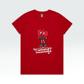 Red t-shirt with a cartoon heart character and text on a white background