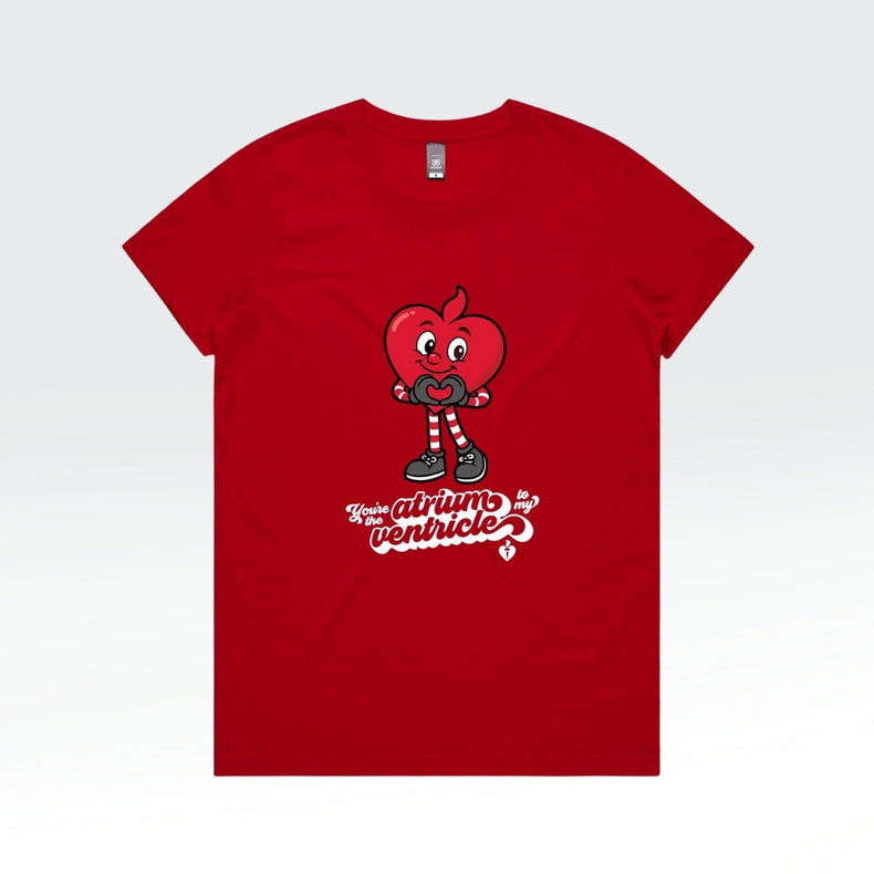 Red t-shirt with a cartoon heart character and text on a white background