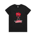 Black t-shirt with a red cartoon character and text on a white background