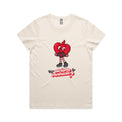 Cream t-shirt with a red cartoon character and text on a white background