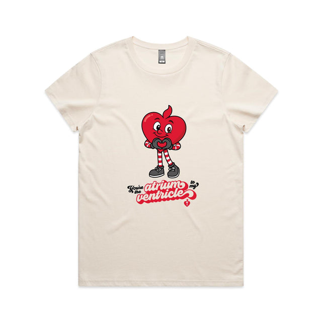 Cream t-shirt with a red cartoon character and text on a white background