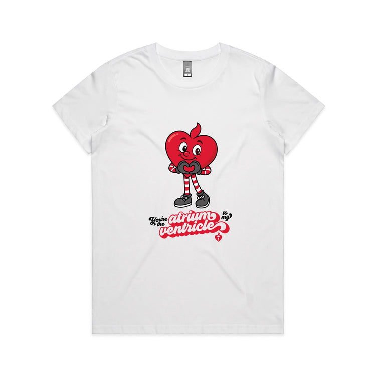 White t-shirt with a red cartoon character and text on a white background