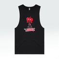 Black tank top with a red heart design on a light gray background
