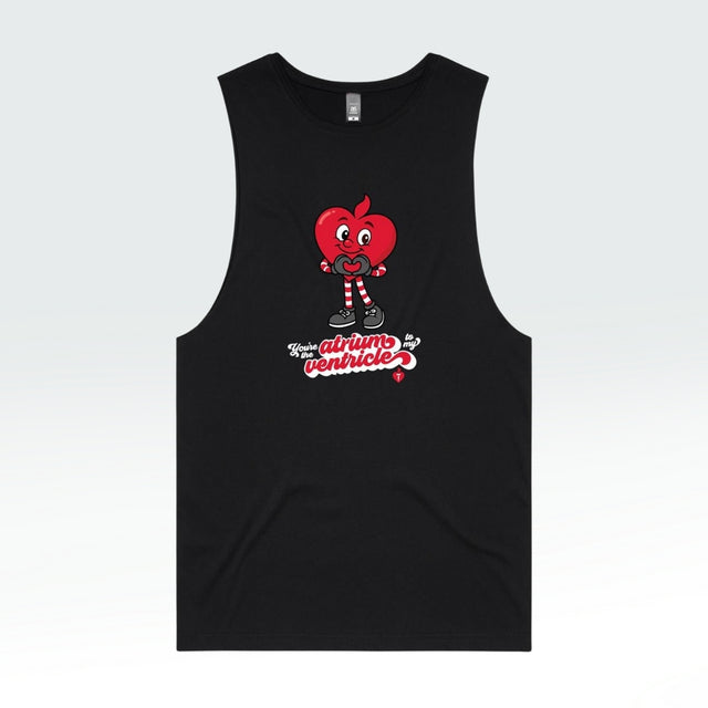 Black tank top with a red heart design on a light gray background