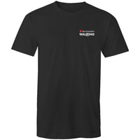 Black unisex Heart Foundation Walking small logo t-shirt on white background.