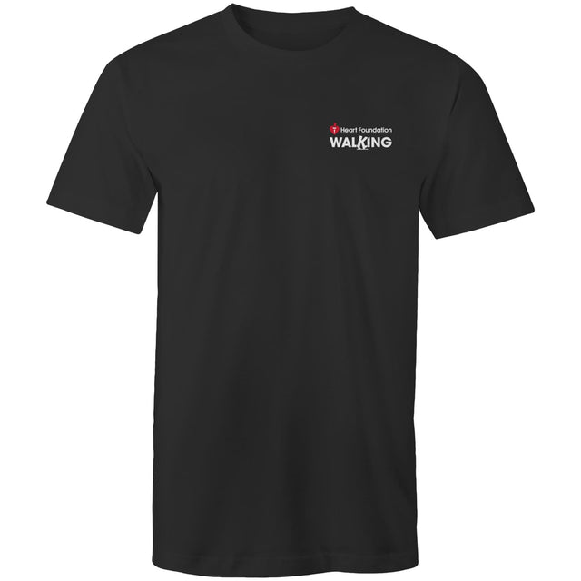 Black unisex Heart Foundation Walking small logo t-shirt on white background.