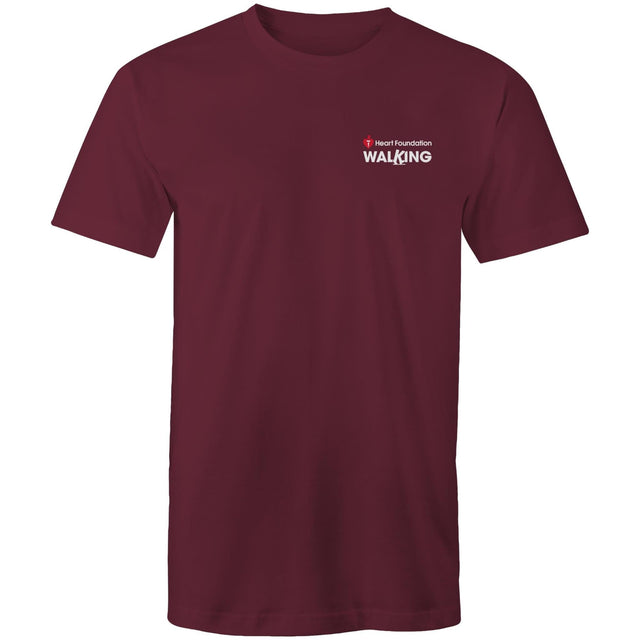 Burgundy unisex Heart Foundation Walking small logo t-shirt on white background.