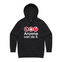 A black pullover hoodie with a graphic on the chest showing three red circular icons (a telephone, a hand, and a lightning bolt) above the white text 'Anyone can do it.' on a light gray gradient background.