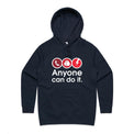 A navy blue pullover hoodie with a graphic on the chest showing three red circular icons (a telephone, a hand, and a lightning bolt) above the white text 'Anyone can do it.' on a light gray gradient background.