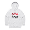 A white marle pullover hoodie with a graphic on the chest showing three red circular icons (a telephone, a hand, and a lightning bolt) above the black text 'Anyone can do it.' on a light gray gradient background.