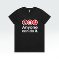 A black short-sleeve crewneck t-shirt with a graphic on the chest showing three red circular icons (a telephone, a hand, and a lightning bolt) above the white text 'Anyone can do it.'.
