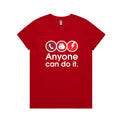 A red short-sleeve crewneck t-shirt with a graphic on the chest showing three red circular icons (a telephone, a hand, and a lightning bolt) above the white text 'Anyone can do it.'.