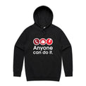 A black hoodie with a red and white graphic that reads 'Anyone can do it.' above three emergency-style icons.