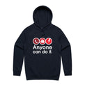 A navy blue hoodie with a red and white graphic that reads 'Anyone can do it.' above three emergency-style icons.