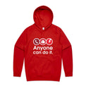 A red hoodie with a red and white graphic that reads 'Anyone can do it.' above three emergency-style icons.