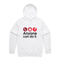 A white marle hoodie with a red and white graphic that reads 'Anyone can do it.' above three emergency-style icons.