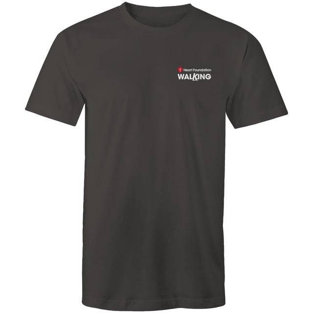 Charcoal unisex Heart Foundation Walking small logo t-shirt on white background.