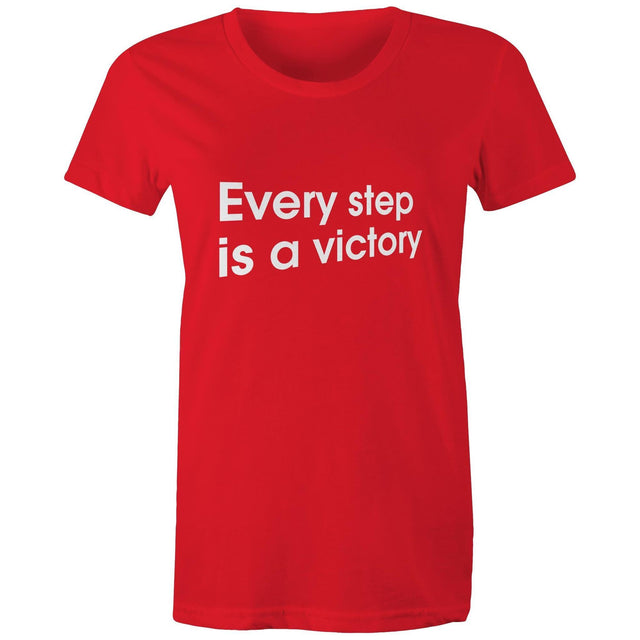 Red 'Every step is a victory' t-shirt,  designed to encourage people to stay active and keep walking.