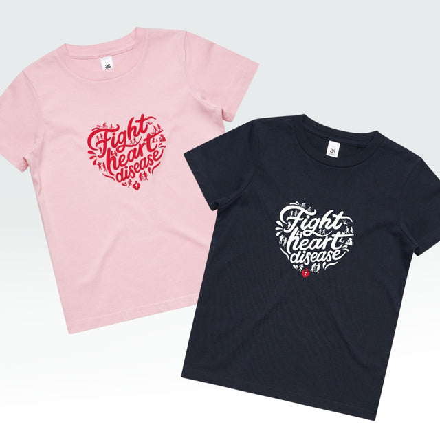 Two short-sleeve graphic T-shirts shown on a light gray background: one light pink shirt with a red heart-shaped graphic reading 'Fight heart disease,' and one dark navy shirt with a white heart-shaped graphic reading 'Fight heart disease.'.