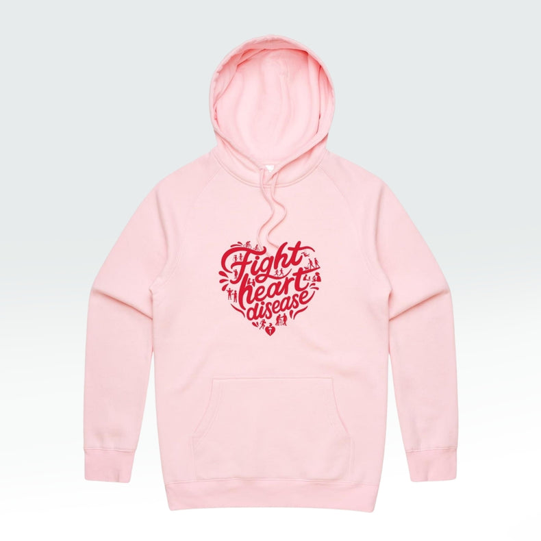 A light pink pullover hoodie with a red graphic on the chest that reads 'Fight heart disease' in a heart-shaped design, displayed against a light gray gradient background.