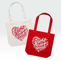 Two canvas tote bags on a light gray background, one in off-white with a red printed design and one in red with a white printed design. Both bags feature the text 'Fight heart disease' inside a heart outline with small medical icons.