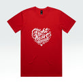 A red short-sleeve crewneck t-shirt with a white graphic on the chest reading 'Fight heart disease' in a heart-shaped design, displayed against a light gray gradient background.