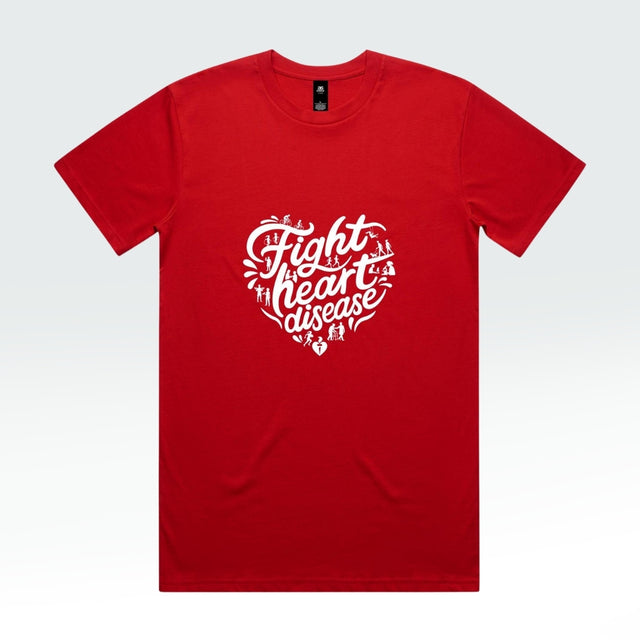 A red short-sleeve crewneck t-shirt with a white graphic on the chest reading 'Fight heart disease' in a heart-shaped design, displayed against a light gray gradient background.