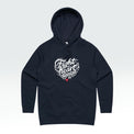 A navy blue pullover hoodie with a white graphic on the chest that reads 'fight heart disease' in a heart-shaped arrangement, featuring a small red heart at the bottom, shown against a light gray gradient background.