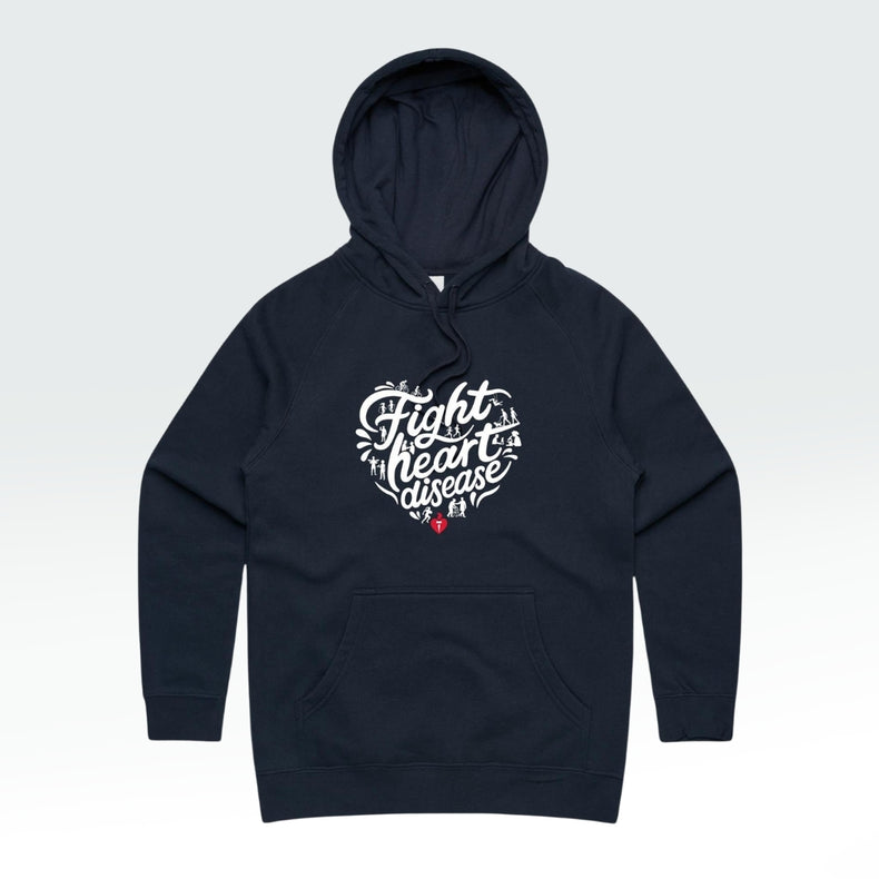 A navy blue pullover hoodie with a white graphic on the chest that reads 'fight heart disease' in a heart-shaped arrangement, featuring a small red heart at the bottom, shown against a light gray gradient background.