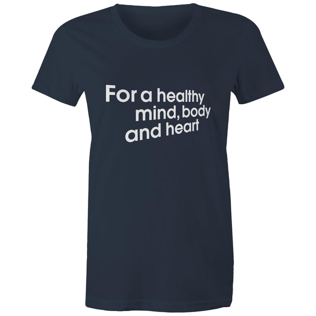 Navy ‘Walking Wins healthy heart’ t-shirt by the Heart Foundation, promoting the benefits of walking for a healthy mind, body, and heart.
