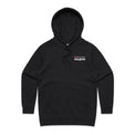 Women's style black hoodie with a Heart Foundation Walking logo on the chest against a white background