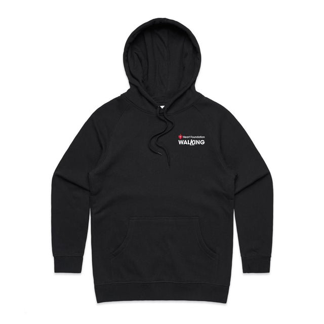 Women's style black hoodie with a Heart Foundation Walking logo on the chest against a white background