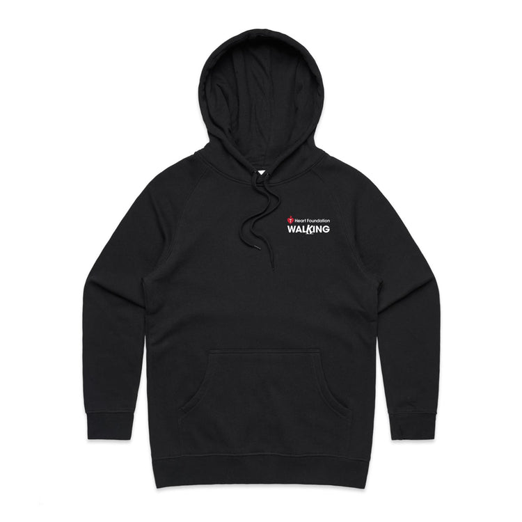Women's style black hoodie with a Heart Foundation Walking logo on the chest against a white background